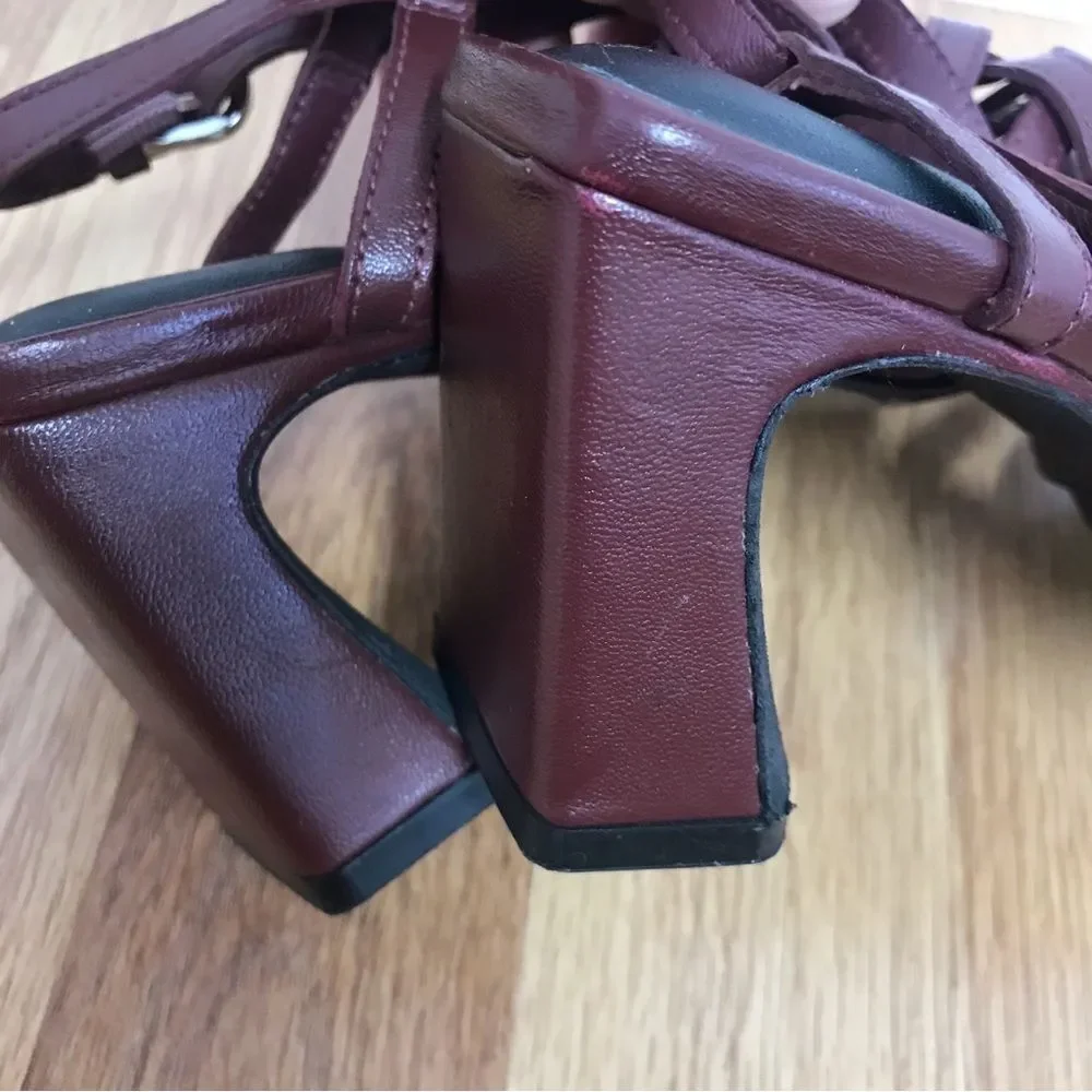 SEYCHELLE Burgundy Braided Leather Chunky Heel Sandal Strappy Woven‎ Size 6